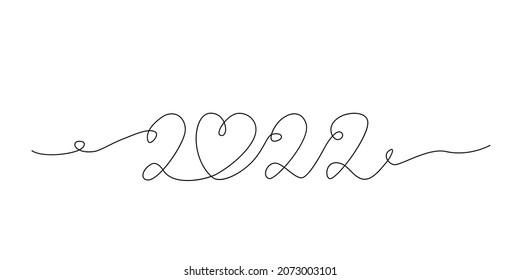 2022, the number of the and New Year with a heart inside. Happy 2022 concept. Drawing one line, in continuous line drawing style. Hand drawn vector illustration isolated on white background