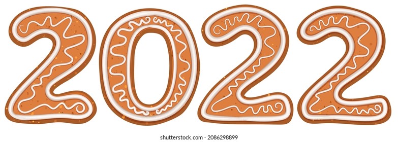 2022 number new year icing gingerbread baked goods sweet dessert gift symbol christmas. Vector cartoon illustration isolated on white