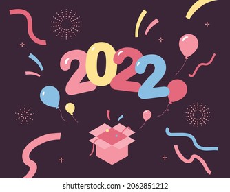 2022 numbers, confetti and balloons are popping out of the gift box. flat design style vector illustration.