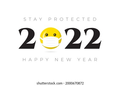 Logo de 2022 Numerals con estilo de semitono Cara sonriente Protegida con Máscara y Cartas Protegidas Feliz concepto de saludo de Año Nuevo - Fondo amarillo en blanco - Diseño gráfico mixto vector