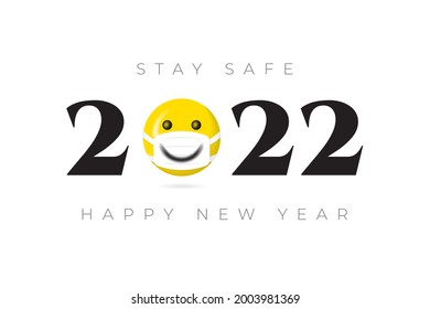 2022 Numerals Logo with Halftone Style Smiling Face Protected with Mask and Stay Safe Lettering Happy New Year Greeting Concept - Yellow on Black and White Background - Vector Mixed Graphic Design