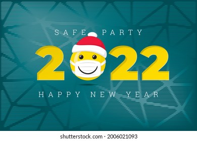 2022 Numerals Logo with Smiling Face Covered with Santa Hat Protected with Mask and Safe Party Lettering Happy New Year Greeting Concept - Yellow on Blue Background - Vector Mixed Graphic Design