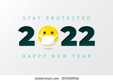 2022 Numerals Logo with Smiling Face Wearing Medical Mask and Stay Protected Lettering Happy New Year Greeting Concept - Yellow on White Background - Vector Mixed Graphic Design