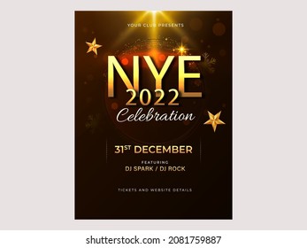 2022 NYE Celebration Flyer Design With Golden Stars And Venue Details In Brown Color.