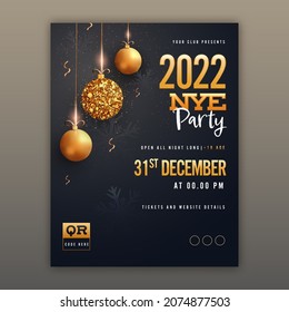 2022 NYE Party Flyer Design With Golden Baubles Hang And Event Details On Black Background.