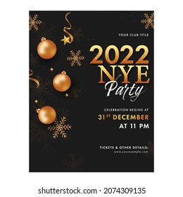 2022 NYE Party Invitation Card With Bronze Baubles, Snowflakes And Golden Stars On Black Background.