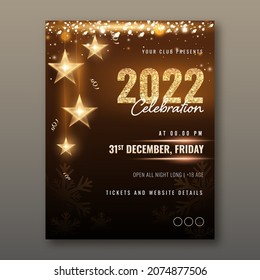 2022 NYE Party Invitation Card With Shiny Stars Hang And Particles On Brown And Black Background.