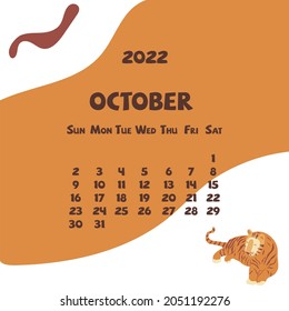 2022 october calendar with abstract shapes and tiger. Colorful modern calendar with trending colors, monthly planner. Vector hand drawn illustration. Modern simple design. Autumn month