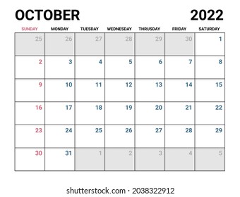 2022 October Calendar Vector illustration