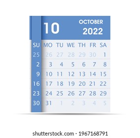 2022 October Month Calendar Flat design. Calendar Leaf. Isolated on white. Week starts on Sunday.