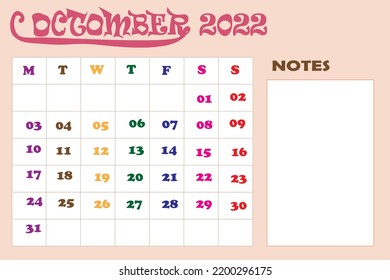 2022 October month calendar with note box