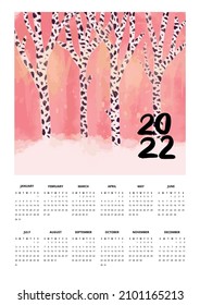 Calendario de Árboles Rosa de Una Página 2022. Ilustración vectorial del bosquejo de mano de bosque.