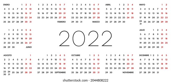 2022 one page spanish language wall or office calendar, landscape panoramic layout