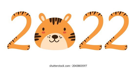 2022 orange numbers with stripes isolated on white. Cute Chinese New Year 2022 Christmas logo with baby tiger character face. Lunar zodiac symbol of 2022 - Year of Tiger. Idea for children calendar 