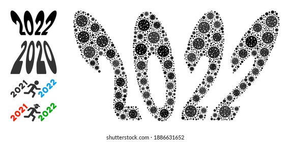 2022 perspective text bacteria mosaic icon. 2022 perspective text collage is organized from random covid icons. Bonus icons are added. Flat style.