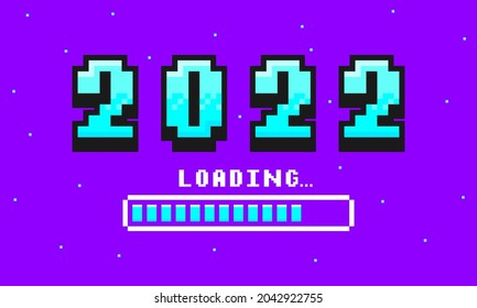 2022 pixel art banner for New Year. 2022 numbers in 8-bit retro games style and loading bar. Pixelated happy New Year and Merry Christmas holiday card or banner. Vector.