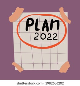 2022 Plan. Note on a piece of paper. Hand drawn vector illustration on purple background