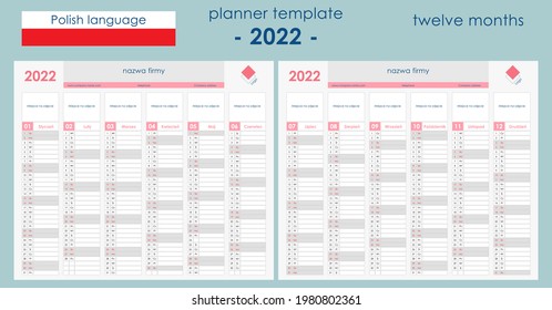 2022 Planner Calendar. Wall organizer, yearly planner template. Vector illustration. Vertical months. Two boards. Set of 12 months. Clear design. Polish language. Copy space for graphic or picture.