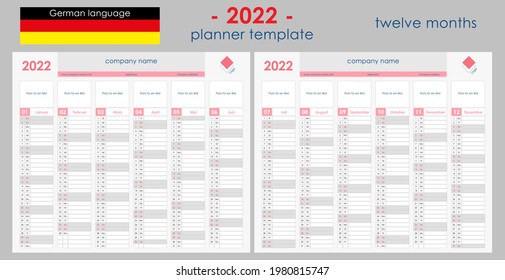 2022 Planner Calendar. Wall organizer, yearly planner template. Vector illustration. Vertical months. Two boards. Set of 12 months. Clear design. German language. Copy space for graphic or picture.