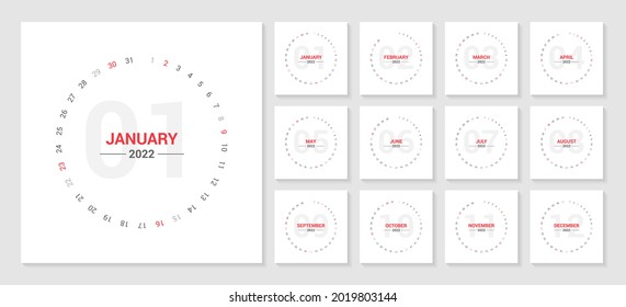 2022 Planner Circle Calendar. Saturday and Sunday weekend. Simple unique planner calendar template vector design.