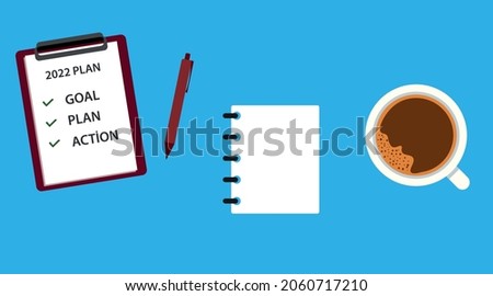 2022 plans.
purpose, plan, action,
file,
Cup of coffee and pen on pink background,
blank notebook page. new year background porogram concept.
Vector Eps 10.