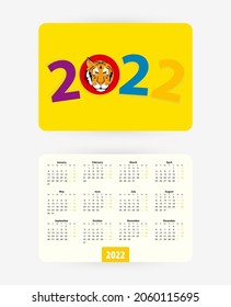 2022 pocket calendar with colorful numbers of year 2022, week starts on monday.