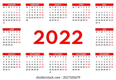 2022 pocket calendar, first day monday, two weekends, red color on white background, horizontal layout, vector illustration