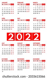 2022 pocket calendar, first day monday, two weekends, red color on white background, vertical layout, vector illustration