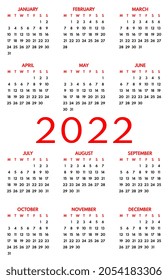 2022 pocket calendar, first day monday, two weekends, red color on white background, horizontal layout, vector illustration