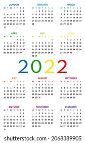 2022 pocket calendar, first day monday, two weekends, colorful on white background, vertical layout, vector illustration