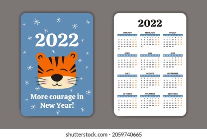 2022 Pocket Calendar template with cute tiger. Symbol of 2022 year. 12 months yearly calendar. Week starts on Monday. Vector illustration. Motivational card
