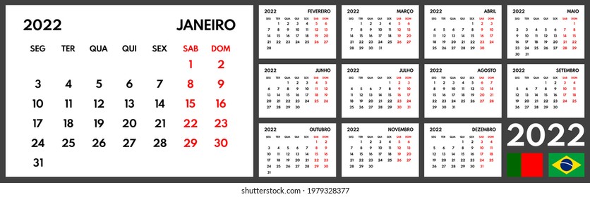 2022 portuguese full year office calendar template, week starts monday, two weekend days