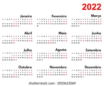 2022 portuguese language wall or office calendar, vector printable template