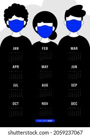 2022 printable monthly calendar template design week starts on Sunday with people wearing mask due to COVID-19 situation concept, vector illustration