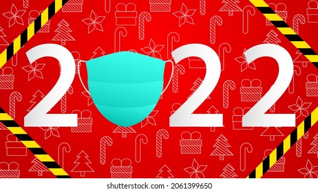 2022 with a protective face mask.Happy New Year 2022 with the protective tape of the coronavirus epidemic COVID-19. Vector Illustration.Horizontal posters, cards, headers, website.