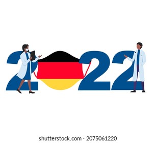 2022 with a protective mask with the flag of Germany. Happy New Year 2022 with protection from the COVID-19 coronavirus epidemic. Year 2022 with Germany flag and doctors on white background.