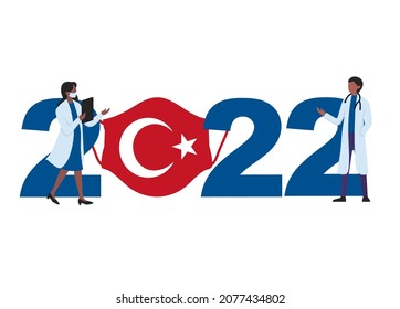 2022 con una máscara protectora con la bandera de Turquía. Feliz Año Nuevo 2022 con protección contra la epidemia de coronavirus COVID-19. Año 2022 con bandera turca y doctores de fondo blanco.