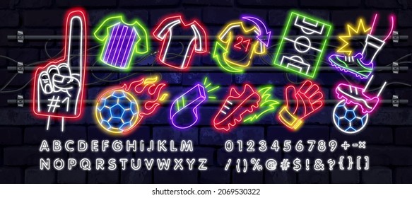 2022 Qatar neon icons. Football club neon sign, bright signboard, light banner. Football logo, emblem and label. Neon text edit