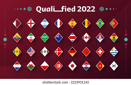 Bandera nacional de la copa de fútbol 2022. Banderas de todos los países participantes en la última parte de la competencia de fútbol 2022 en 8 grupos. Ilustración vectorial.