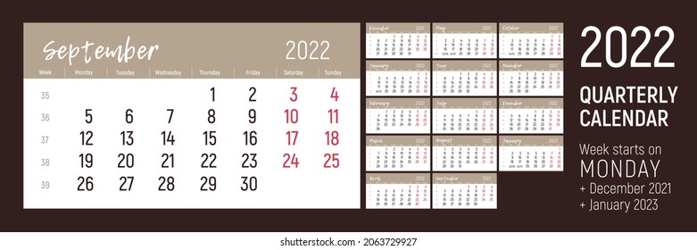 2022. Quarterly Calendar For The 2022 Year. English Language. Week Starts On Monday. Weeks, December 2021, January 2023. Vector Editable Monthly Calender Template.