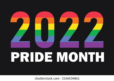 2022 in rainbow LGBTQ flag colors isolated on black background. Vector logo symbol of LGBTQ pride month 2022, template for banner, card, poster with text