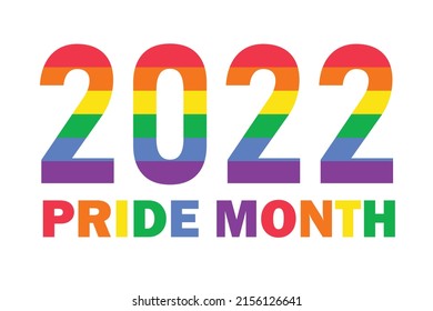 2022 in rainbow LGBTQ flag colors isolated on white background. Vector logo symbol of LGBTQ pride month 2022, template for banner, card, poster with text