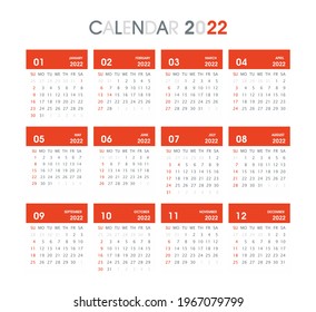 2022 Red Calendar Design. Weeks Starts On Sunday. Isolated on white. Calendar design template.