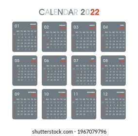 2022 Red and Grey Calendar Design. Weeks Starts On Sunday. Isolated on white. Calendar design template.