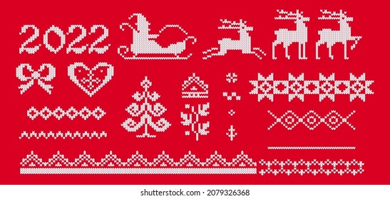 2022 Red knitted Christmas elements. Seasonal decoration for greeting cards for Christmas and New Year. Congratulation, celebration invitation, card. Scandinavian style.