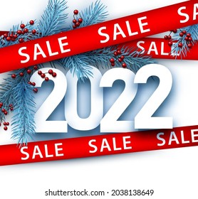 2022 red sale ribbon with blue fir branches and red berries. Vector illustration.