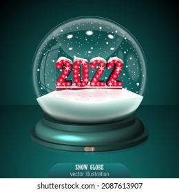 2022 red Snow globe on green background. Merry Christmas and Happy New Year 2022. Realistic christmas snow globe with red 2022 text for Your business project. Vector Illustration