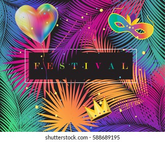 2022 Rio de Janeiro Brazil, Brazilian Carnival, Carnival festival poster vector mask, balloon, confetti. Abstract colorful background. Palm tree leaves frame. Tropical exotic frame Holiday decoration
