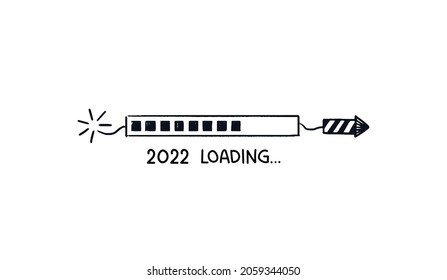 2022 rocket loading bar. Doodle download bar painted striped firecracker with pointed tip. Vector Hand-drawn sketch with quote from below isolated on white background.