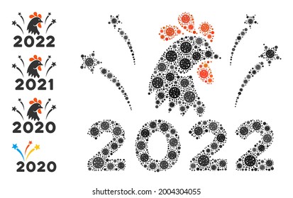 2022 rooster fireworks bacteria mosaic icon. 2022 rooster fireworks collage is created with randomized bacteria elements. Bonus pictograms are added. Flat style.